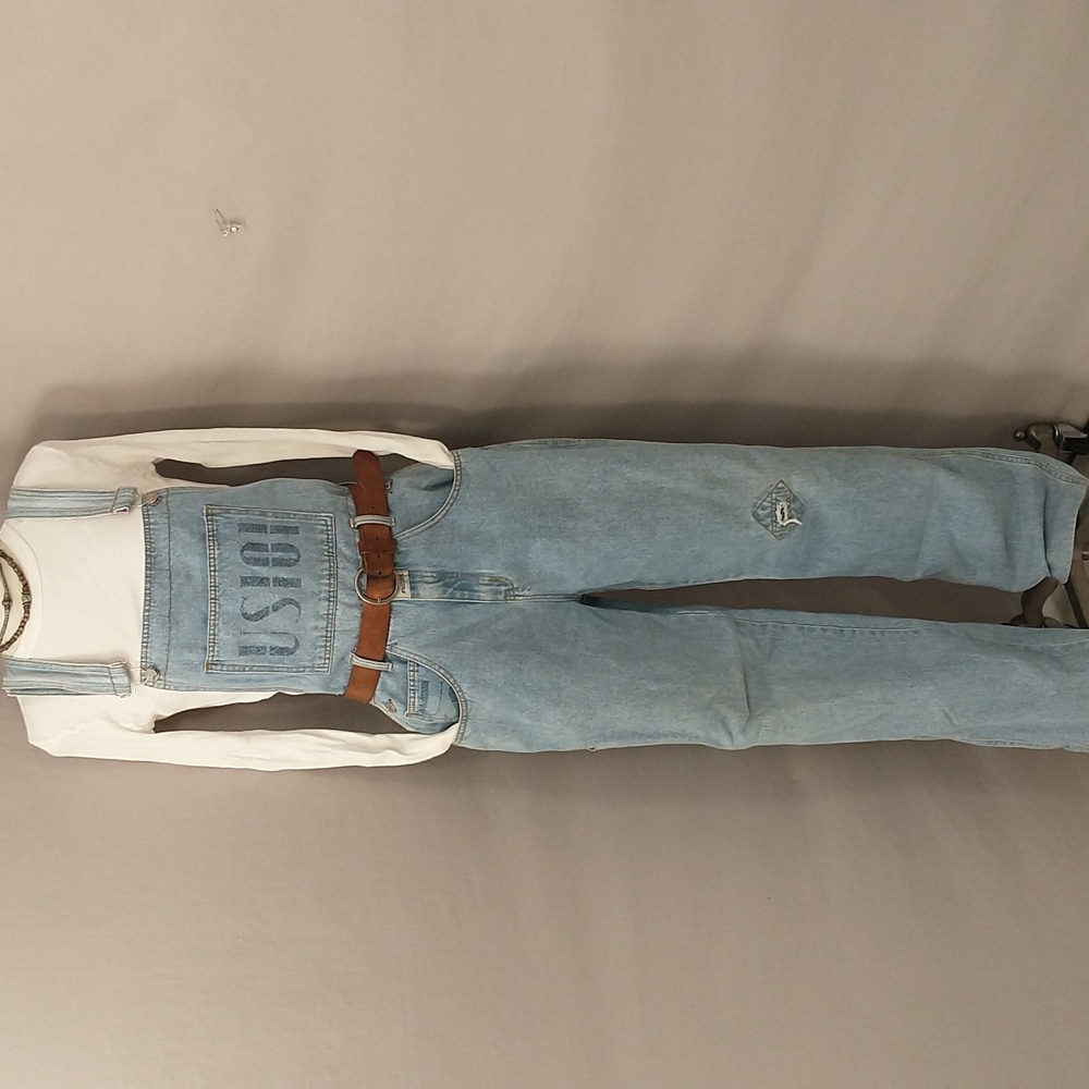 Vintage Denim Overalls US101 Distressed  Patched 100% cotton Wide Leg Light Wash